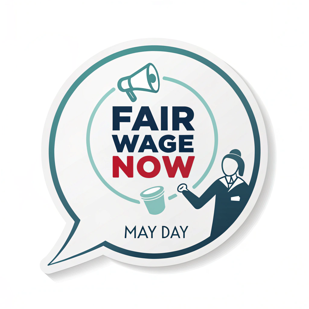 Clean Speech Bubble: The phrase 'Fair Wage Now' housed within a sleek, modern speech bubble silhouette, signifying a collective voice. 'May Day' as a small, unobtrusive date.