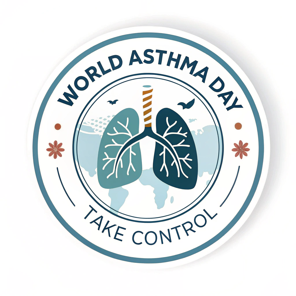 Simple Logo Idea for Campaign: A compact circular logo with 'World Asthma Day' around the perimeter, and a central graphic combining a simplified lung shape with a subtle 'power on' symbol to signify 'Take Control'.