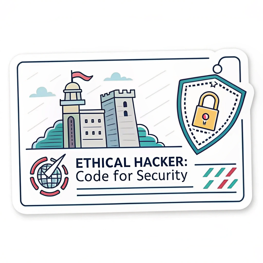 Code Compiler into Fortress: A visual concept showing a stylized terminal or code editor interface. Lines of code are being 'typed' or 'compiled', and as they process, they construct a digital fortress or a robust shield icon on the other side of the interface. This symbolizes the act of building security through coding. The phrase 'Ethical Hacker: Code for Security' is clearly integrated.
