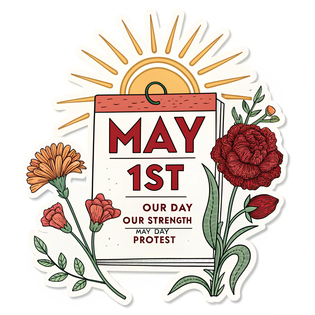A design centered around a stylized calendar page showing 'MAY 1st' highlighted, with symbolic elements like a rising sun or blooming spring flowers (e.g., red carnations) emanating from it. The slogan 'Our Day, Our Strength' is integrated artfully with 'May Day Protest'. Suggests a hopeful and vibrant color palette.