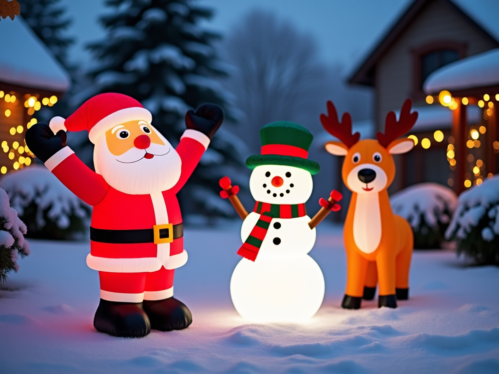 An outdoor snowy scene with a series of Christmas inflatables, including a Santa Claus waving, a cheerful snowman, and a reindeer, all surrounded by snow-covered pine trees and colorful holiday lights.