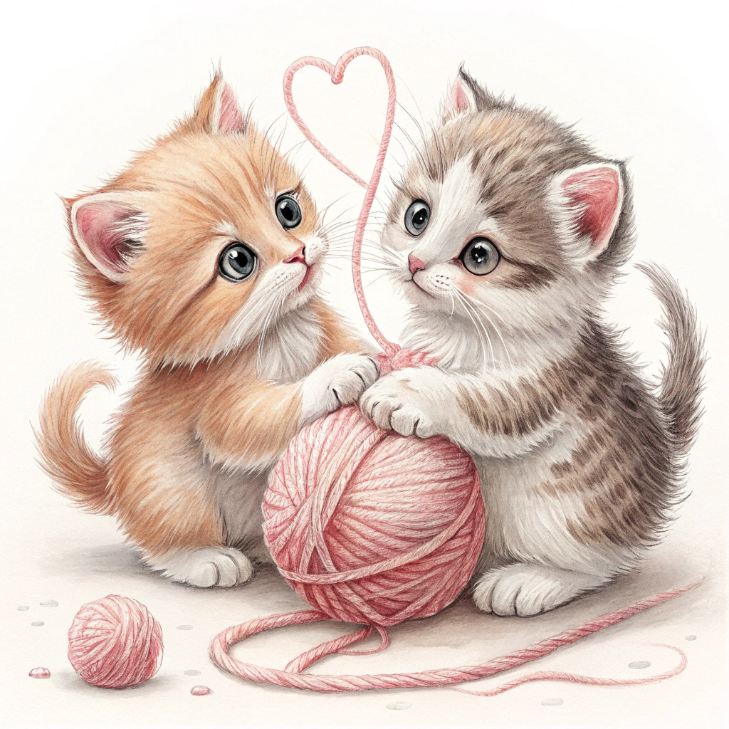 A sticker with a pair of charming kittens playing with a ball of yarn that's shaped like a heart.