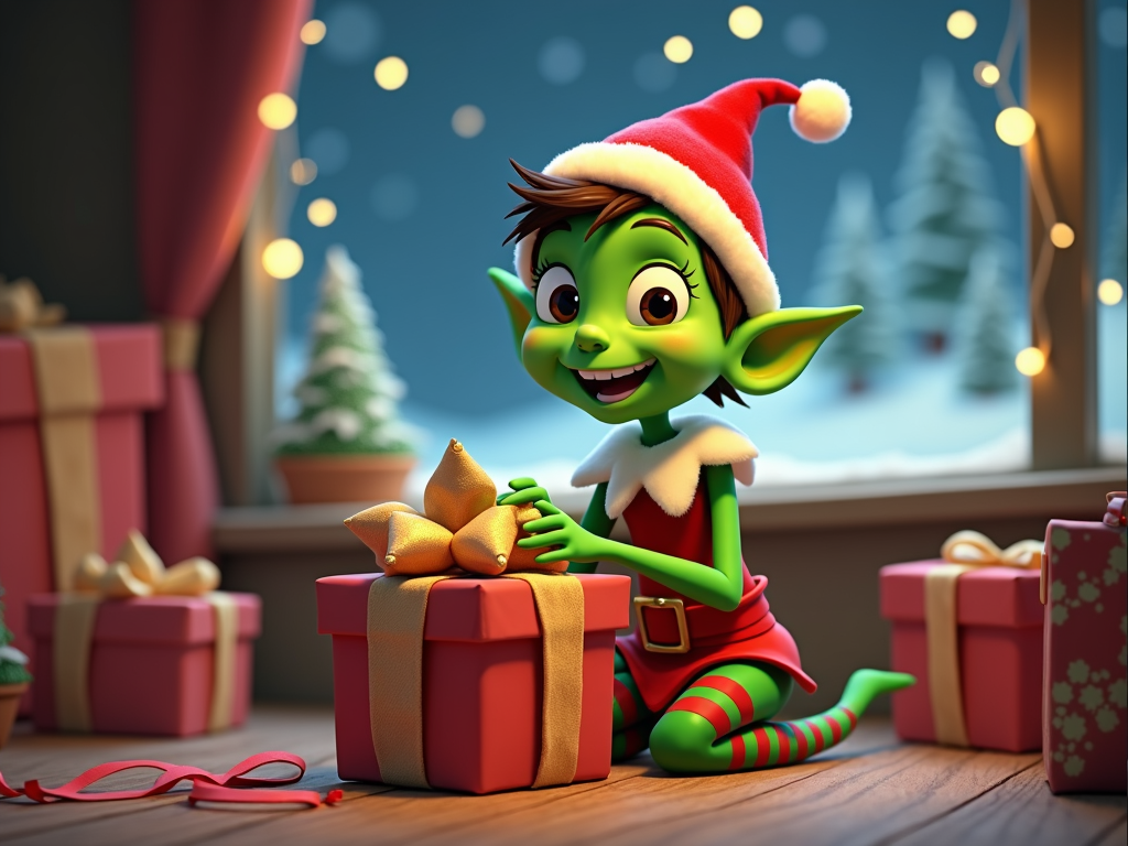  a cartoon elf sitting on the floor in front of a window with Christmas lights. The elf is wearing a red Santa hat with a white pom-pom on top and a green outfit with red and green stripes. It has a big smile on its face and is holding a red gift box with a gold ribbon tied around it. There are several other gift boxes scattered around the room, including a small Christmas tree and a red curtain. The background is a snowy landscape with trees and a blue sky. The overall mood of the image is cheerful and festive.