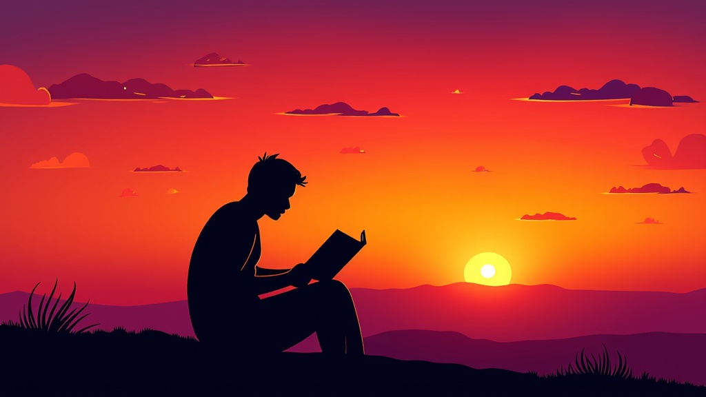 A silhouette of a person reading a poetry book against a setting or rising sun, emphasizing solitude and the personal connection to the text.