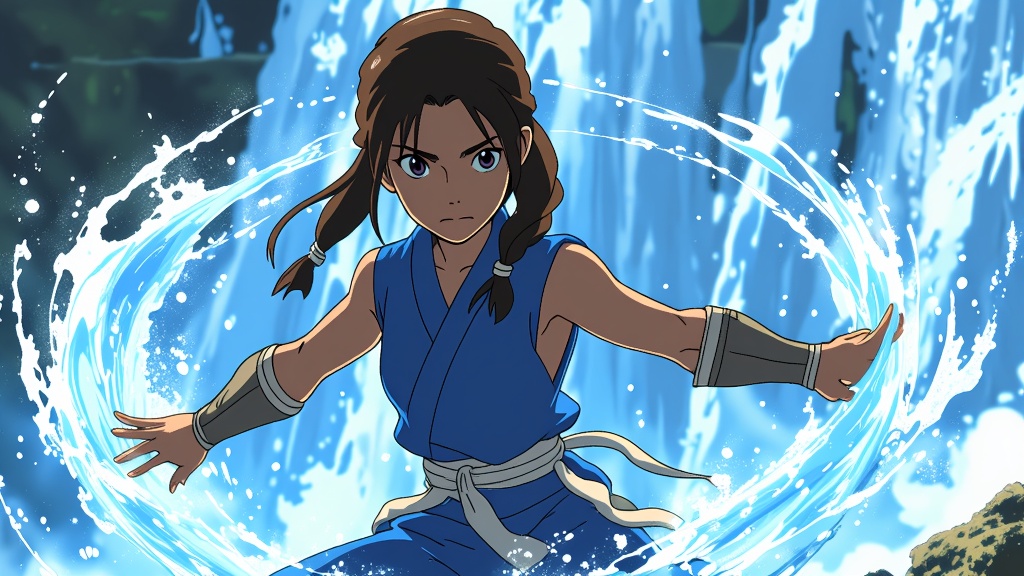 Katara demonstrating her powerful waterbending skills beside a shimmering, flowing waterfall, her expression serious and focused, symbolizing her determination.