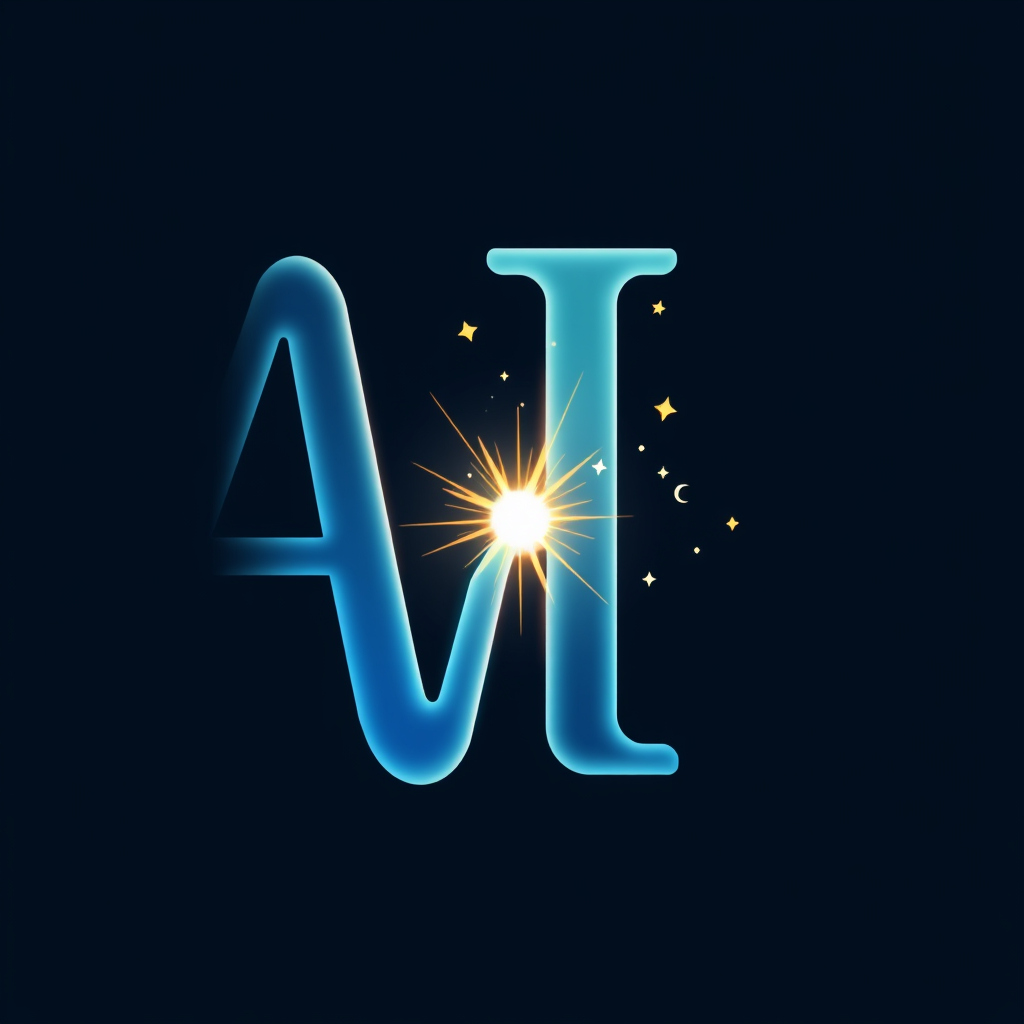 AI Monogram Spark: The letters 'A' and 'I' creatively intertwined. From their intersection or a key point, a spark or a small burst of light emanates, possibly with tiny creative icons (star, plus sign, swirl) embedded in the light.