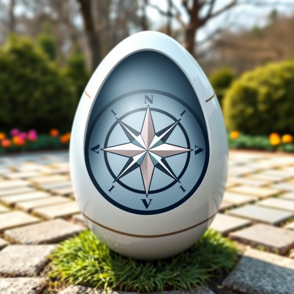 An Easter egg designed like a compass, pointing towards a hidden location in a park or garden.