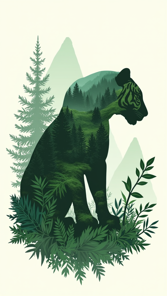 English Translation: Sustainability T-Shirt Designs - Endangered Animal Silhouette with Nature Elements