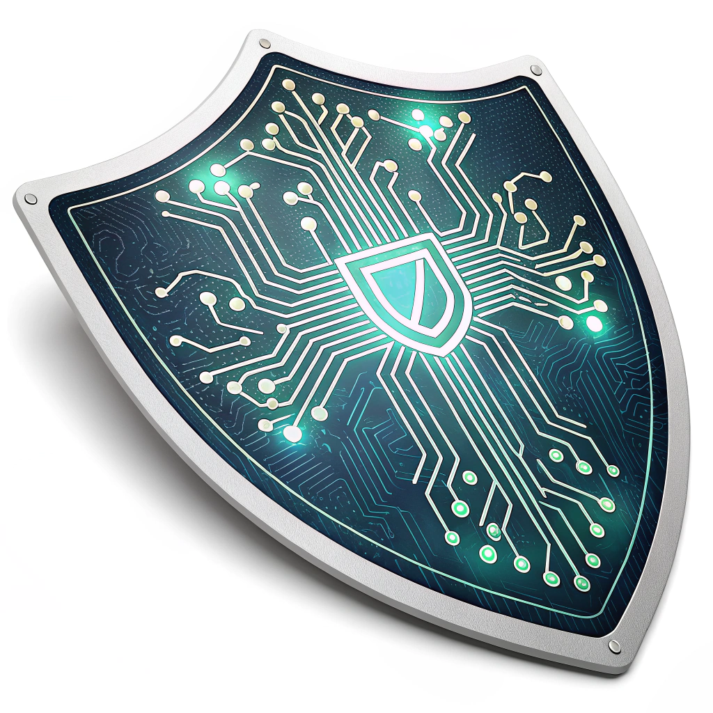 Pulsing Circuit Shield: A sticker design of a classic shield shape with intricate circuit board patterns etched into it, where the lines or nodes appear to pulse with a cool blue or green light, symbolizing active and vigilant digital defense.