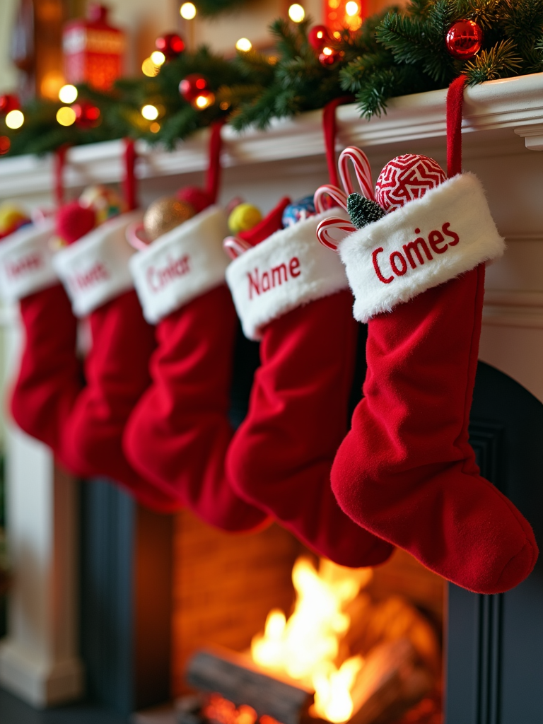 Traditional red stockings hanging from a decorated mantle, each personalized with a name and filled with small gifts and candy canes, overlook the warming glow of a crackling fire. The scene is an evocative reminder of the joy and anticipation that stockings bring to children, eagerly awaiting the holiday morning.