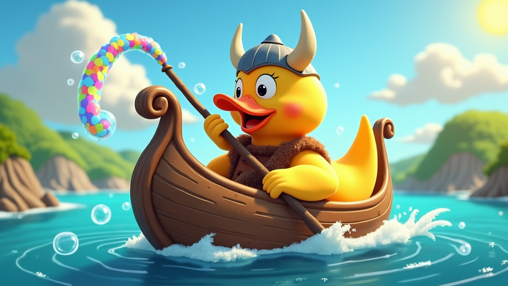 The Viking boat is actually a giant rubber duck and they are being propelled by a small Viking blowing into a reed, creating bubbles.