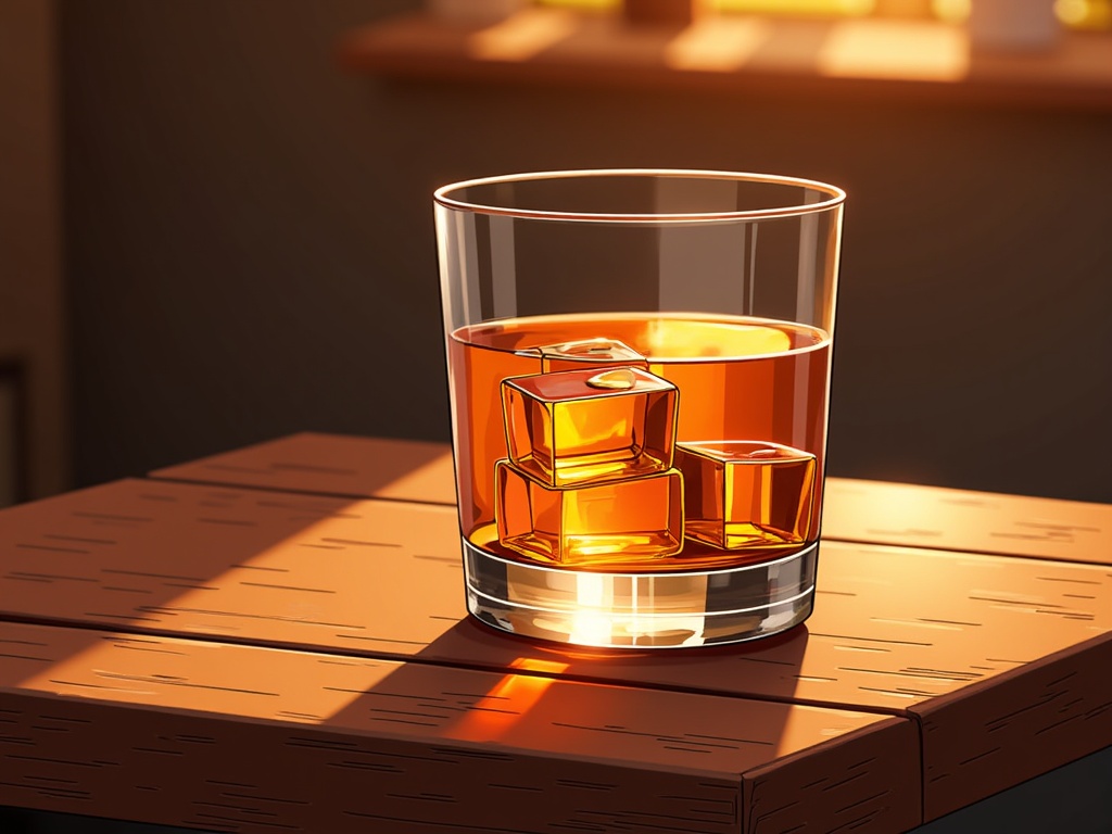  a glass of whiskey on a wooden table. The glass is filled with a golden-brown liquid and has several ice cubes floating in it. The background is blurred, but it appears to be a dimly lit room with a window and a plant visible. The overall mood of the image is cozy and inviting.