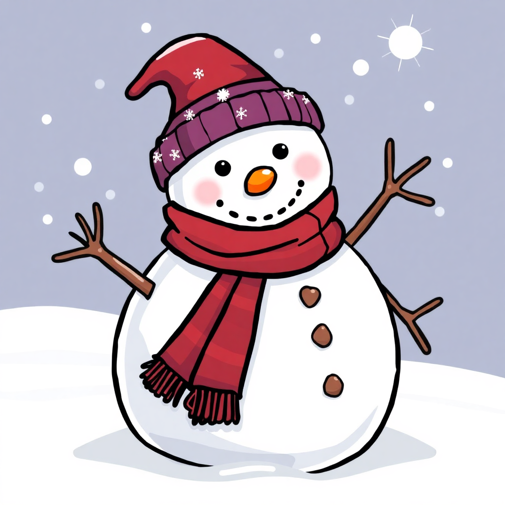 The image shows a cartoon snowman wearing a red hat and scarf, standing in the snow with a blue and white background.