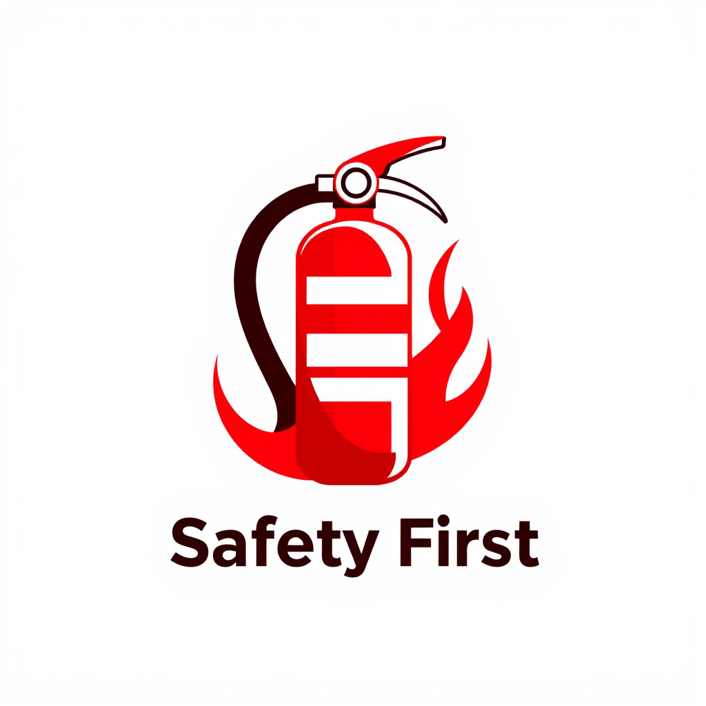 An abstract logo using red and white to represent a fire extinguisher, with a bold 'Safety First' slogan.