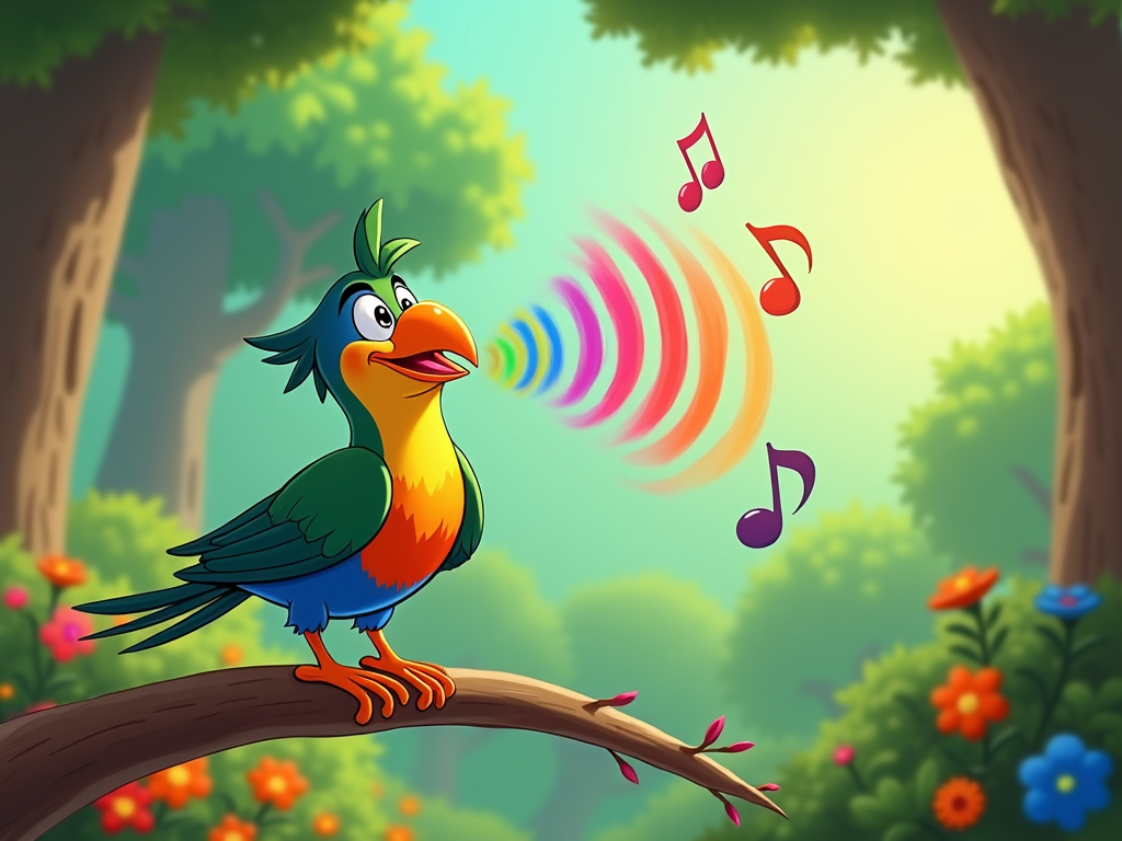 A playful illustration of a bird singing with a rainbow-colored sound wave emanating from its mouth.