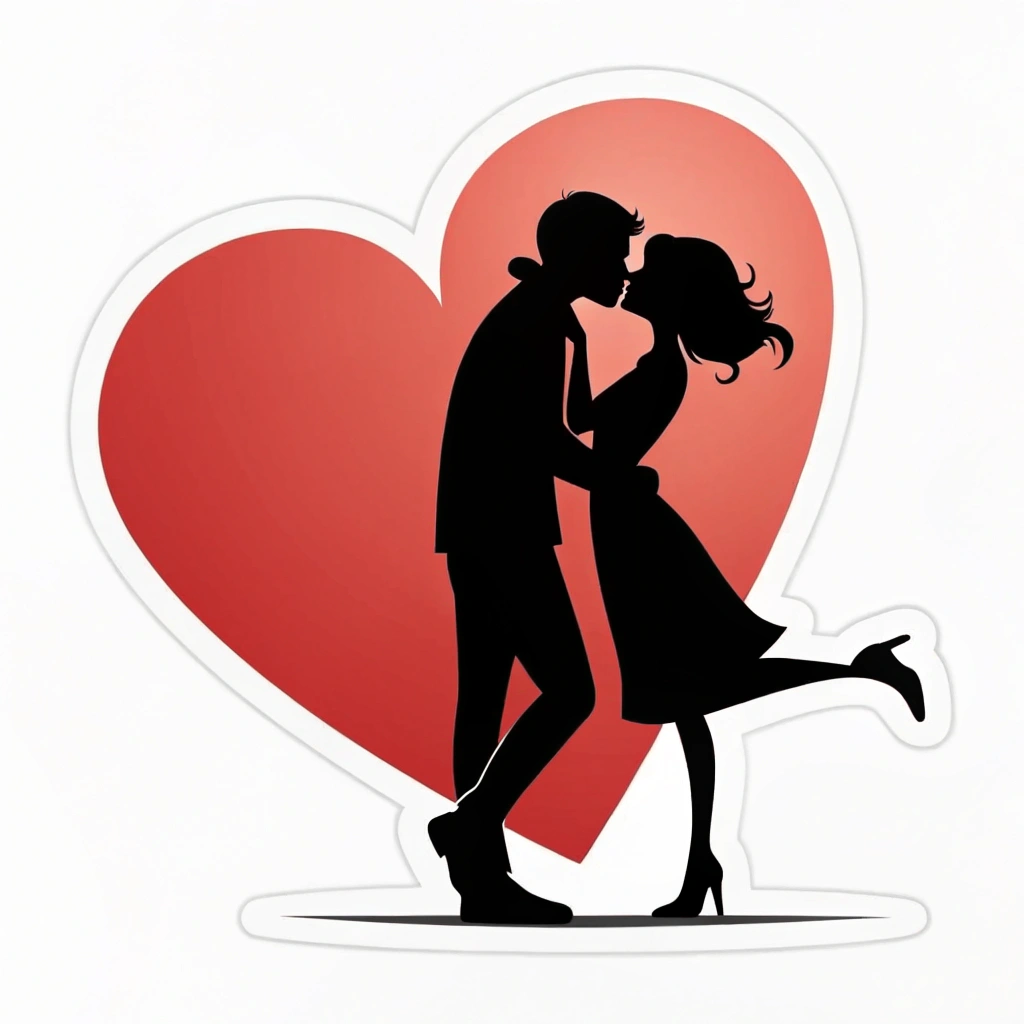 A sticker of two silhouetted figures sharing an embrace, with a single, large heart encompassing their forms.