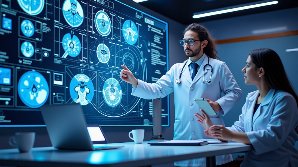 An AI system analyzing complex medical scans on a large, holographic display, highlighting anomalies and patterns to teach diagnostic skills to students.
