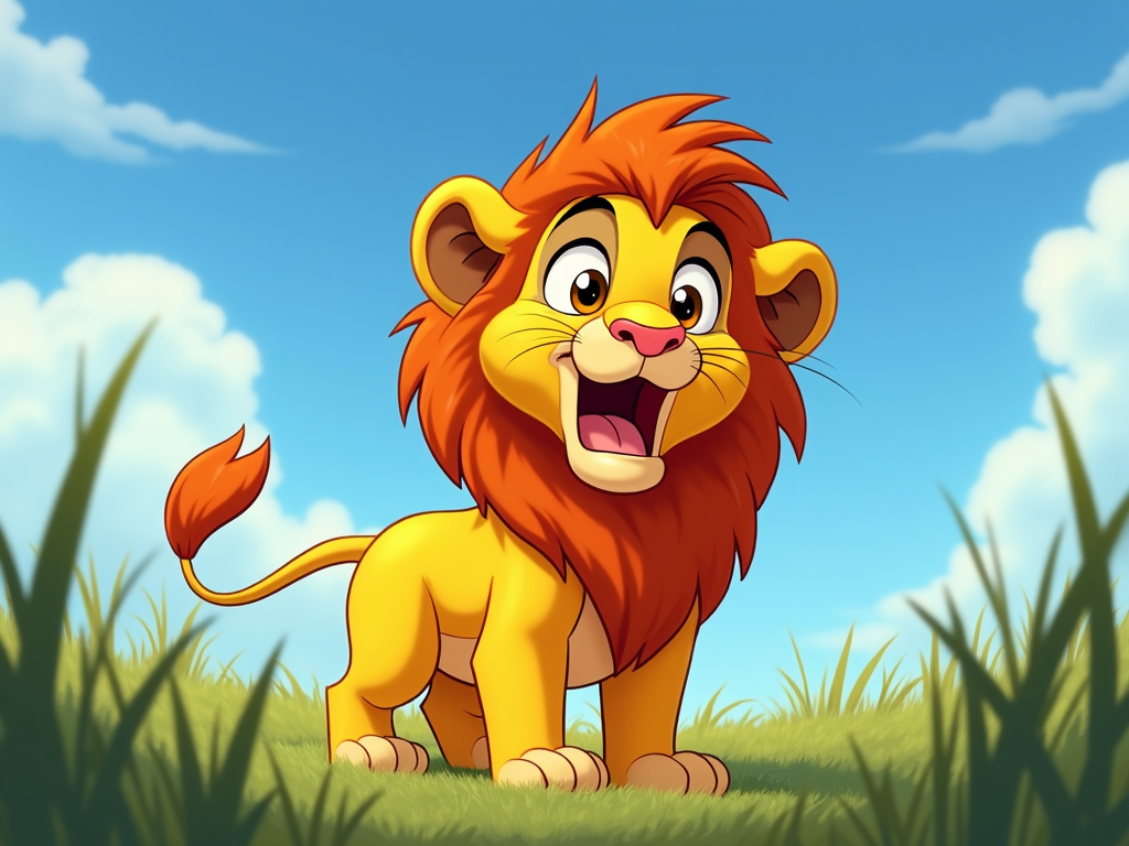 A lion with a surprised expression, mouth open wide and eyebrows raised, as if startled by something unexpected.