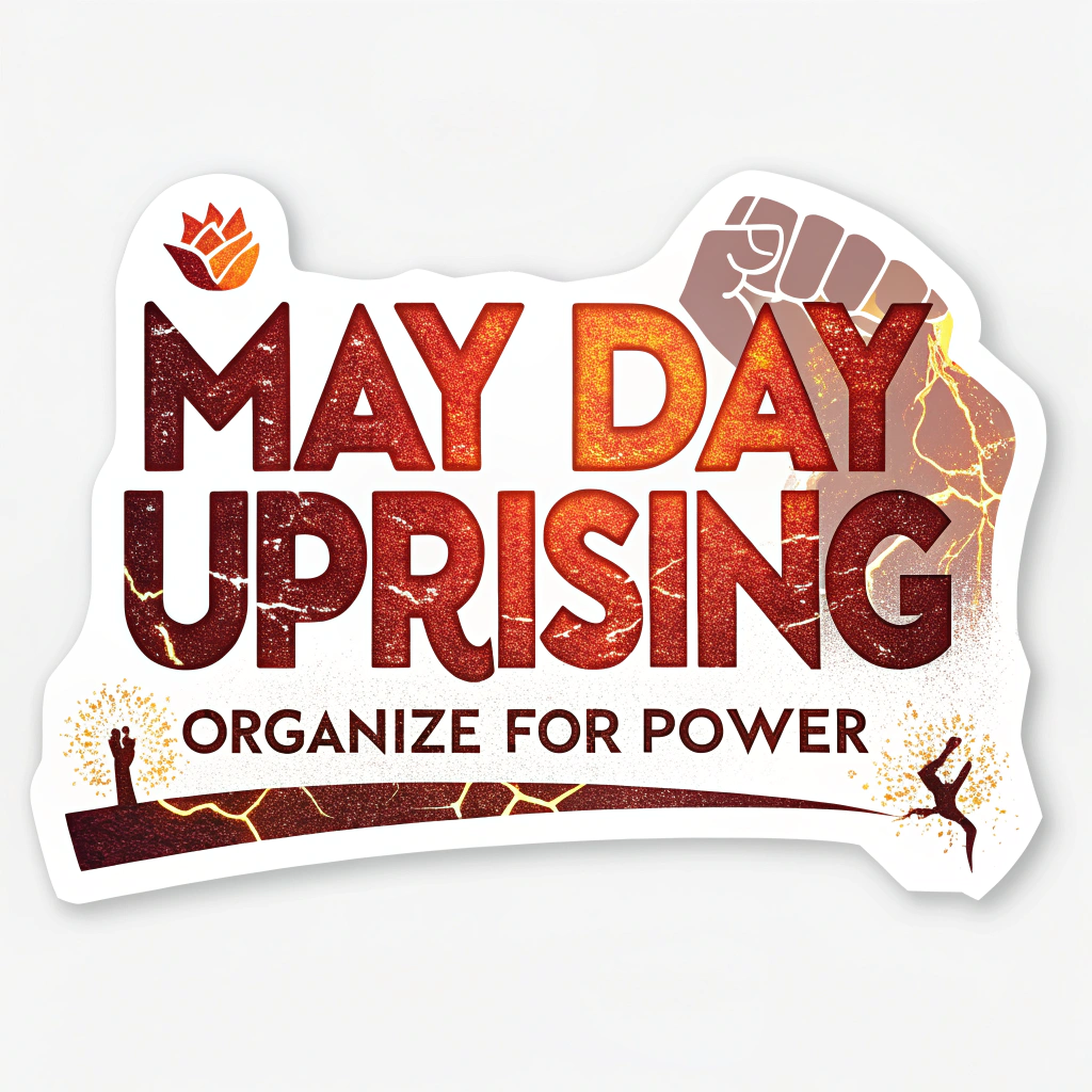 A sticker where the words 'May Day Uprising' are rendered in a fiery, energetic, or fractured font to symbolize revolution and change. The tagline 'Organize for Power' is presented in a contrasting, solid font for stability and call to action.