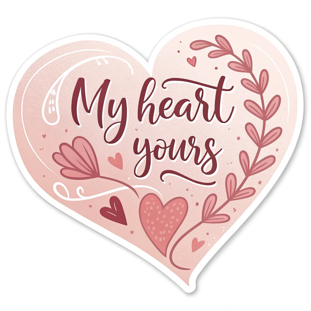 A heart-shaped sticker with the quote 'My Heart is Yours' in elegant script font.