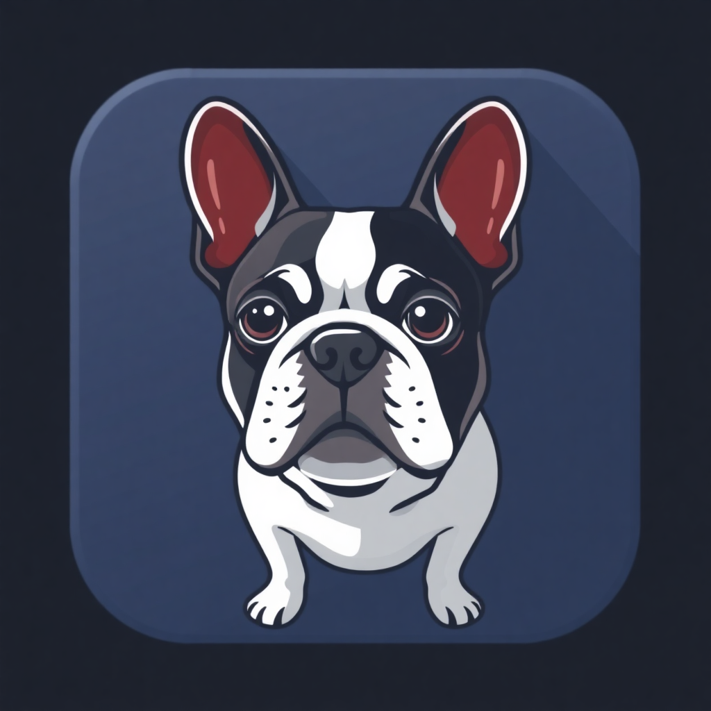 The image is a square icon with a dark blue background. In the center of the icon, there is a cartoon illustration of a French Bulldog. The dog has a black and white coat with red ears and a round face. Its eyes are large and round, and its nose is small and pointed. Its mouth is slightly open, as if it is looking directly at the viewer. The overall style of the illustration is flat and cartoon-like.