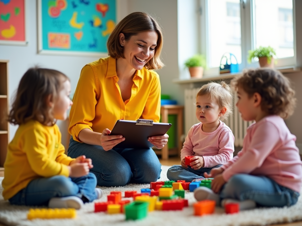 A cheerful teacher holding a clipboard engages with a small group of pre-school children playing with building blocks. Brightly colored artwork and alphabet charts cover the walls, fostering a fun learning environment.