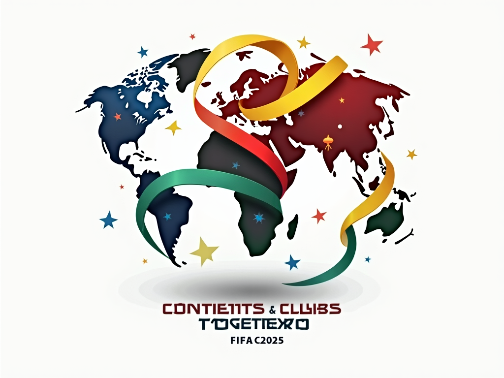 Unity Weave: A design showing interwoven ribbons, each representing a continent with its distinct color. These ribbons form a larger tapestry or a globe, with small, discreet symbols of clubs woven into their respective continental strands. Tagline: 'Continents & Clubs Together - FIFA CWC 2025'.