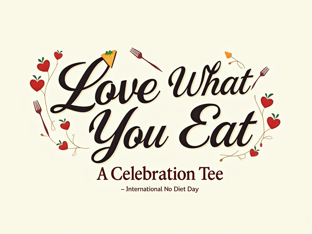 Free to Feast Script: Elegant script font for 'Love What You Eat', possibly with flourishes that turn into small food icons (e.g., the tail of a 't' becomes a fork). 'International No Diet Day' in a simpler, clean font beneath, with 'A Celebration Tee' highlighted.
