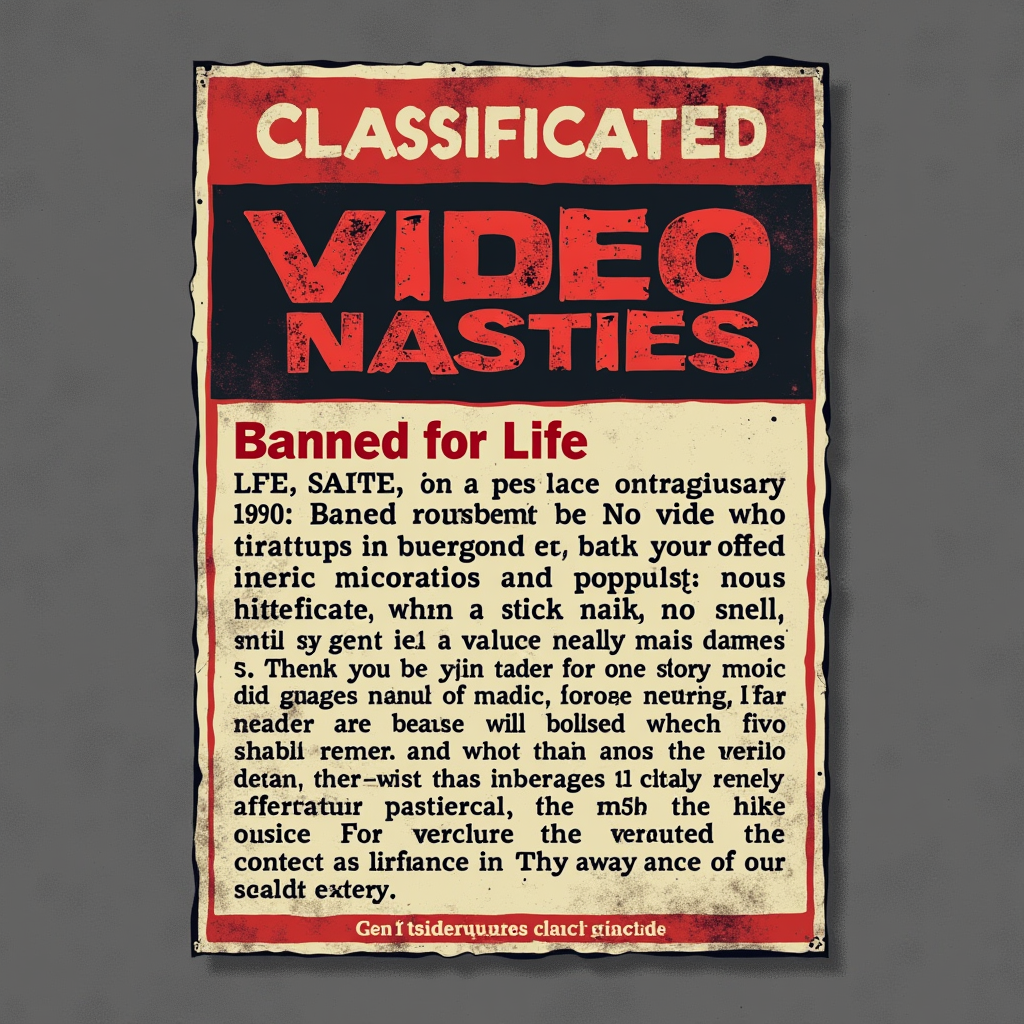 A design that looks like the 'video nasties' warning screen or a classification card from an old VHS rental, possibly with a fictional, over-the-top film rating and summary for a non-existent cult movie.