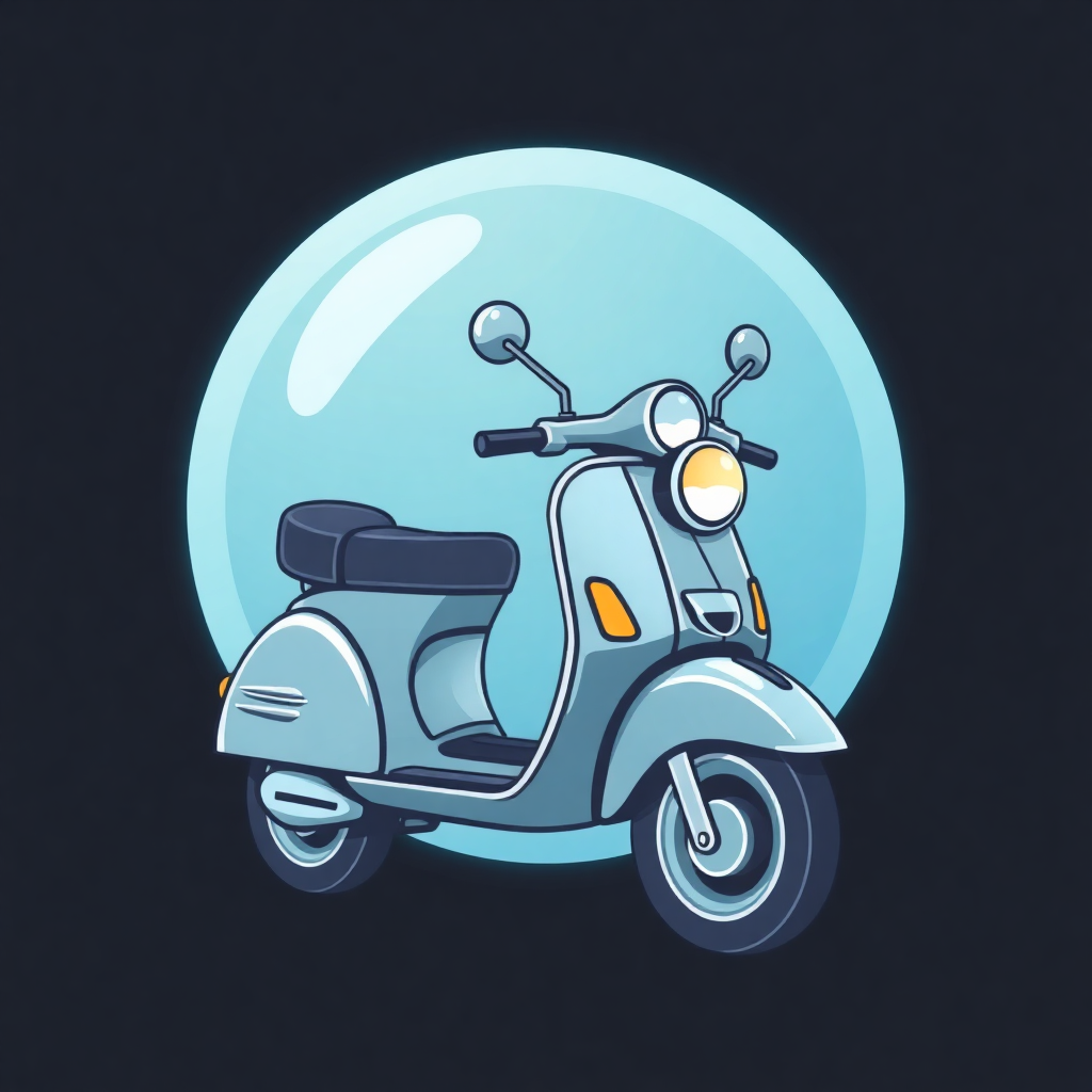 The image is a digital illustration of a blue scooter. The scooter is in the center of the image and is facing towards the right side. It has a round headlight and two side mirrors on the front. The handlebars are curved and the seat is black. The wheels are silver and appear to be in good condition. The background is black, making the scooter stand out. The overall design is simple and cartoon-like.