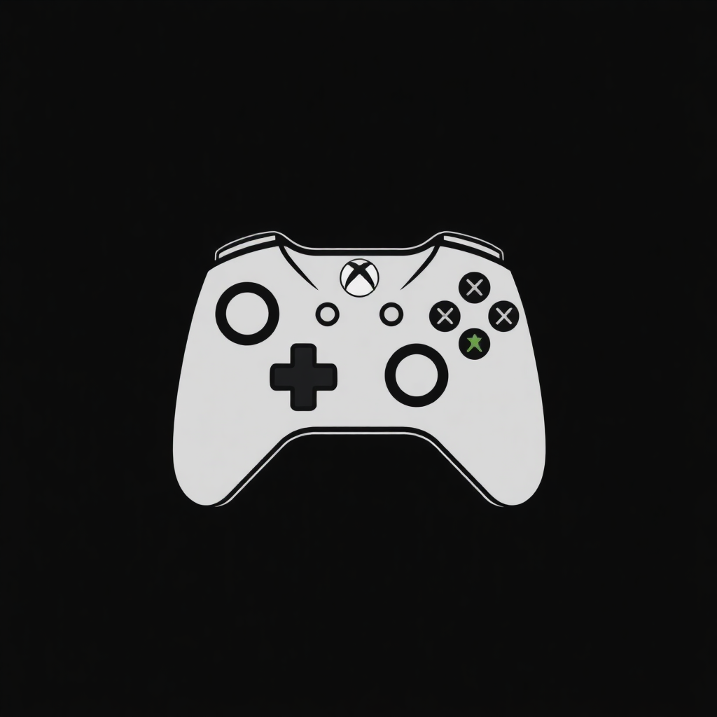 The image is a black and white illustration of a video game controller. The controller is white in color and has a rectangular shape with four buttons on the top, two on the left side, and three on the right side. The buttons are arranged in a grid-like pattern, with a plus sign in the center. There are also two green and black symbols on the buttons, which appear to be the Xbox logo. The background is black, making the controller stand out. The overall design of the controller is simple and minimalistic.