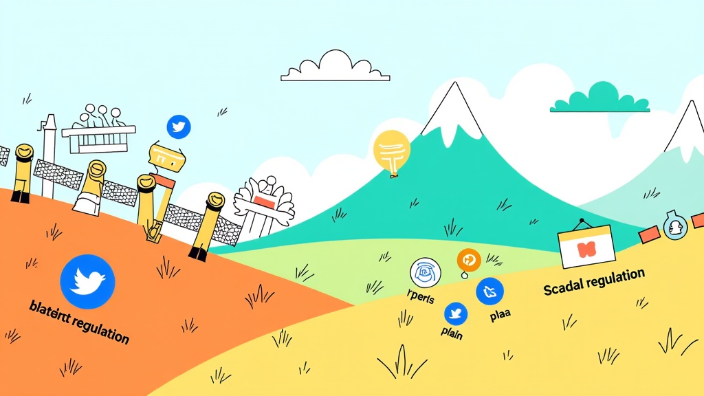 Metaphorical Landscape: Create a landscape where different regulatory environments are represented by distinct terrains. For example, strict regulation could be depicted as a walled garden or a steep mountain range, while lenient regulation might be an open plain. Social media icons are shown interacting with these terrains.
