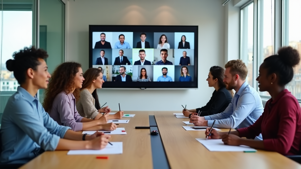 A video conference connecting department staff to international partners, with participants visible on a large screen, fostering global collaboration.