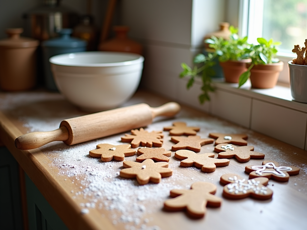 A kitchen counter display showcasing an assortment of holiday cookie cutters, freshly baked gingerbread men, and a flour-sprinkled rolling pin, embodying the heartwarming traditions of holiday baking.