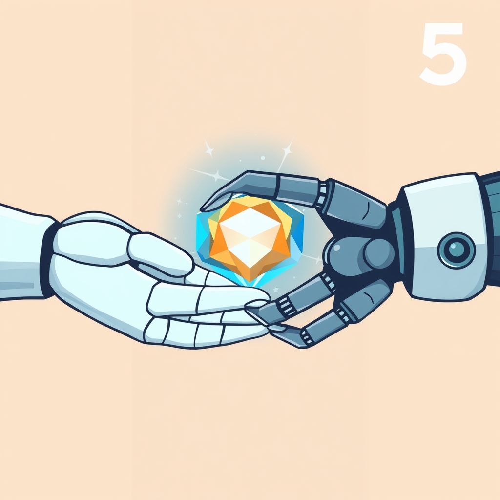 Sub-Design 5 (Creative Handshake): A stylized human hand and a robotic/AI hand meeting. At their point of contact, or held between them, is a luminous, multifaceted gem or orb representing a newly generated idea or creation, emphasizing collaborative generation through symbiosis.