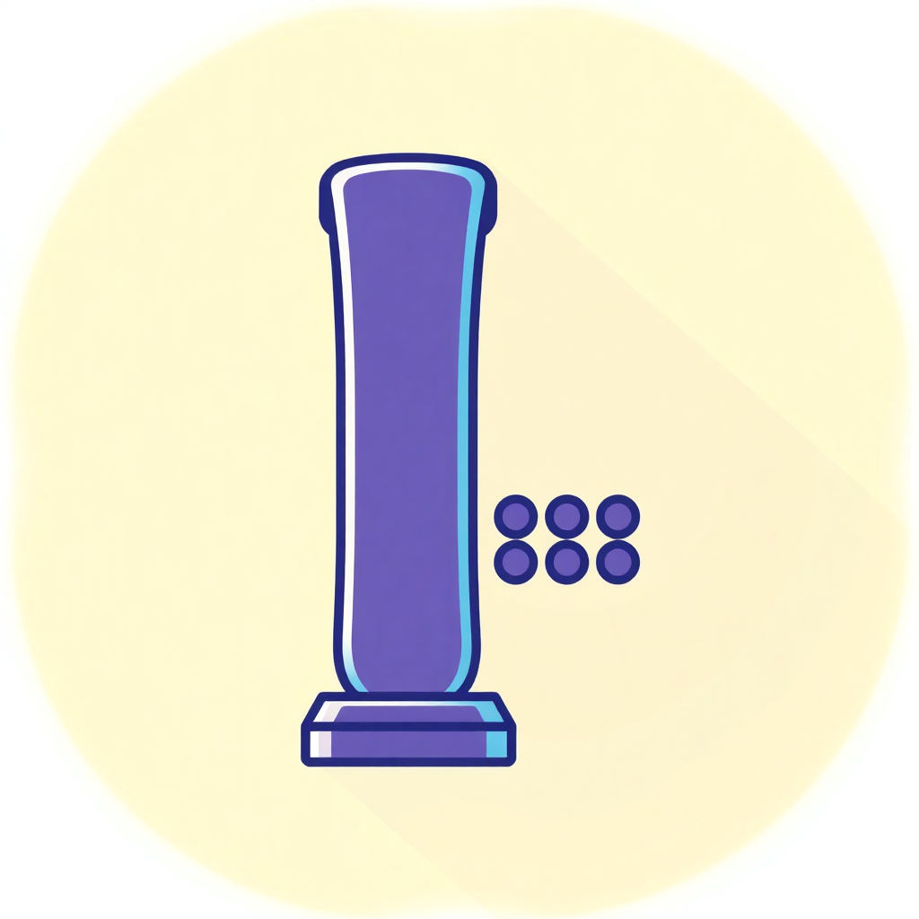 The image is an illustration of a tall, cylindrical object with a blue base. The object appears to be made of glass or a similar material and has a smooth, glossy finish. It is standing upright on a yellow background. On the right side of the image, there are six small, round, purple dots arranged in a diagonal line. The dots are evenly spaced and appear to be floating in the air. The overall design is simple and minimalistic.