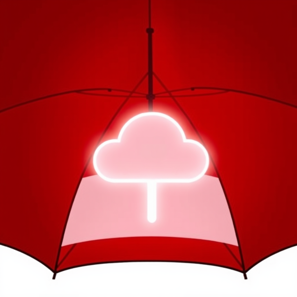 A top-down view of an umbrella, with the cloud symbol visible underneath, as if seen through a transparent or cut-out section of the umbrella. The umbrella's edges could glow slightly to represent a protective field.