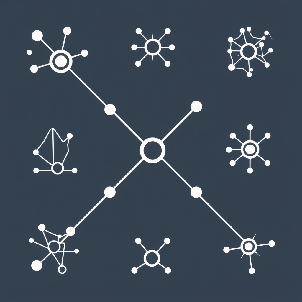 Icon set featuring interconnected nodes and lines forming abstract shapes, representing neural networks and data pathways.