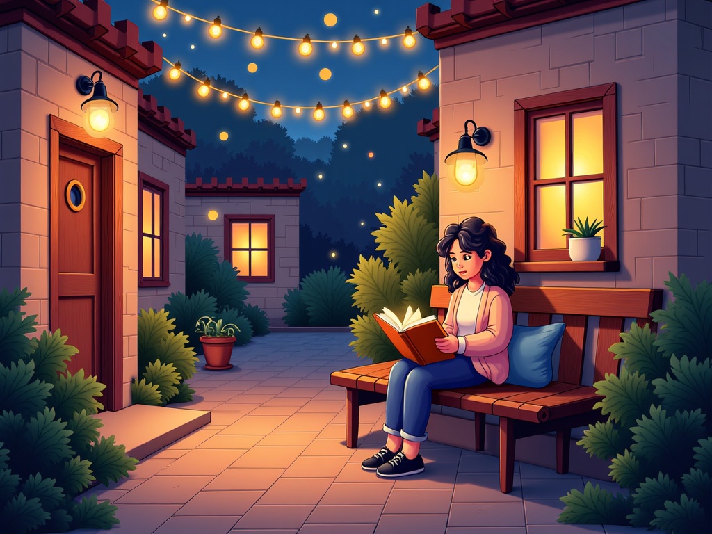 A charming evening scene with string lights illuminating a small gathering in a courtyard or town square. A single reader is subtly highlighted, perhaps by moonlight or a soft lamp, creating a magical feel.