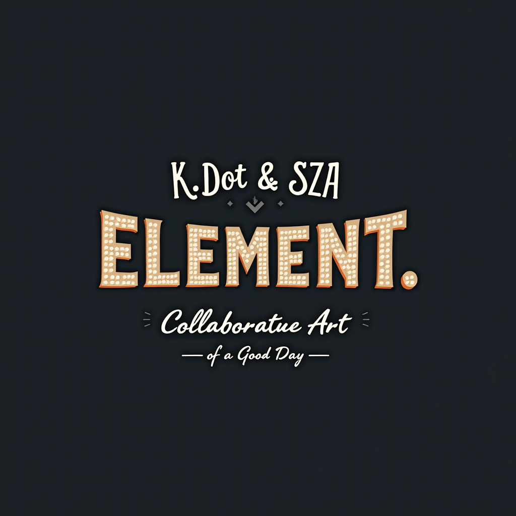 Simple Logo Idea: A typographic logo treatment where 'ELEMENT.' is designed to resemble a block from the periodic table. 'K.Dot & SZA' appears underneath or integrated in an artistic script font, emphasizing 'Collaborative Art,' while 'of a Good Day' acts as a smaller, elegant tagline.