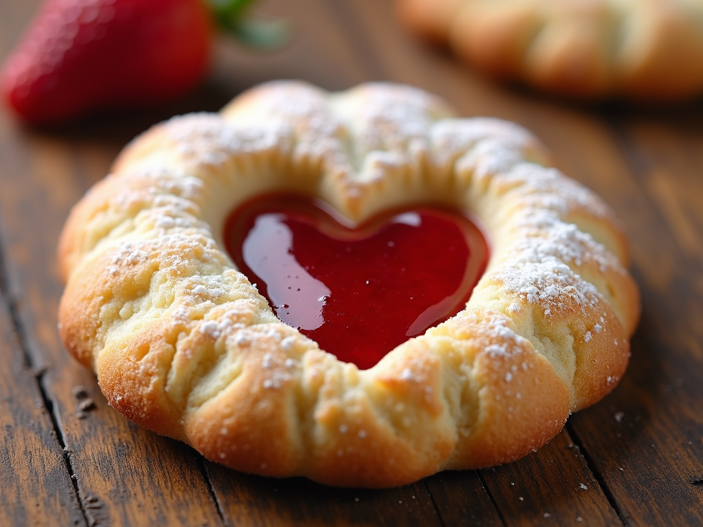 A cookie with a heart-shaped indentation filled with strawberry jam, emphasizing the sweet and loving nature of the treat.