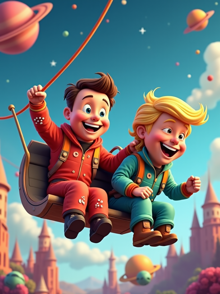 An exaggerated cartoon of Elon Musk and Donald Trump joyfully ziplining across a space-themed amusement park, laughter evident in their comical expressions.