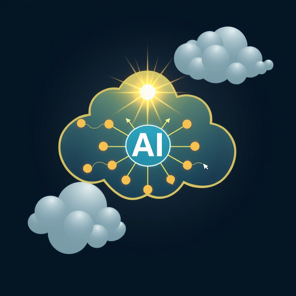 A stylized thought cloud (Muse/Inspiration) containing a radiant AI core (interconnected nodes) and featuring subtle embedded digital tool icons (cursor, code brackets) as 'tool marks'.