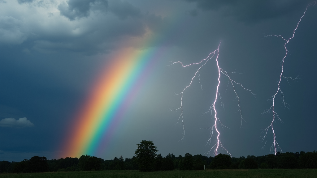 Thunderstorm wallpaper of a majestic rainbow stretching across a tumultuous sky. Vibrant colors contrast sharply with the dark thunderclouds and stark lightning bolts. The rainbow serves as a symbol of hope amid the storm's fury, creating a striking visual where beauty emerges from chaos.