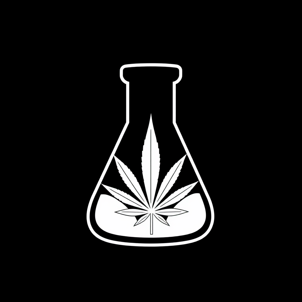 Sub-design 4: An abstract design using clean, intersecting lines to simultaneously suggest the shape of a beaker/flask and a marijuana leaf, possibly utilizing negative space to define one of the elements.