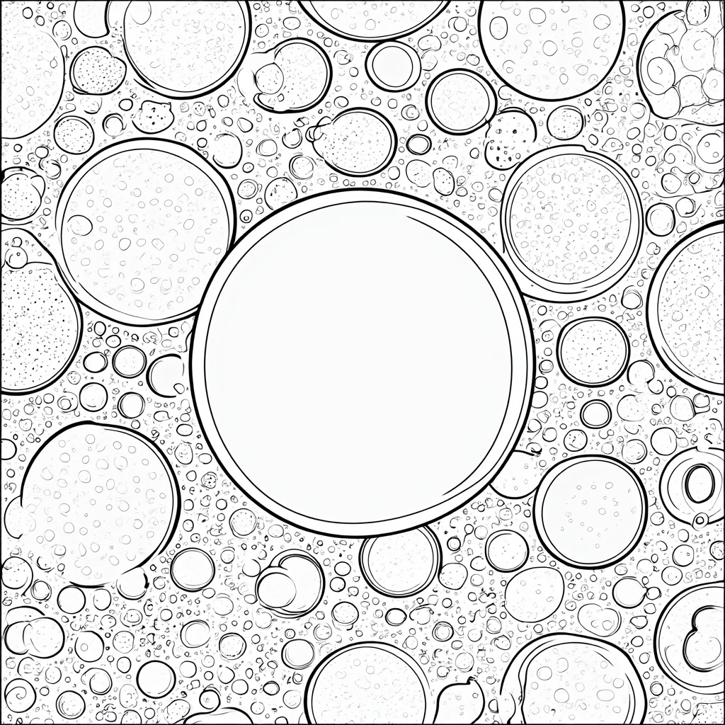 Coloring Page Design: A magnified close-up of quantum foam, featuring interconnected spacetime bubbles of varying sizes and textures, with intricate patterns suitable for detailed coloring.