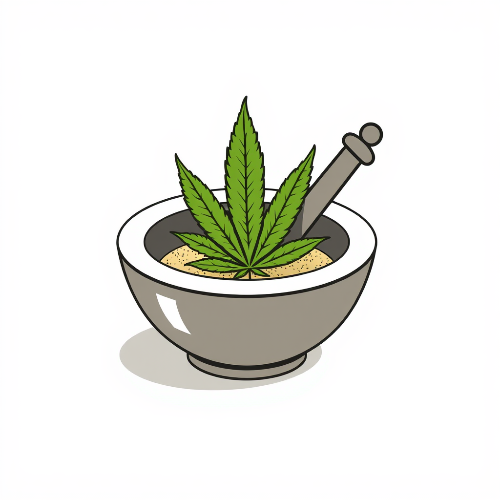 Sub Design Idea 2: Leaf as Mortar Content - A minimalist mortar bowl prominently features a stylized cannabis leaf (or a small cluster) inside, appearing as the substance being prepared by a simple, elegant pestle.