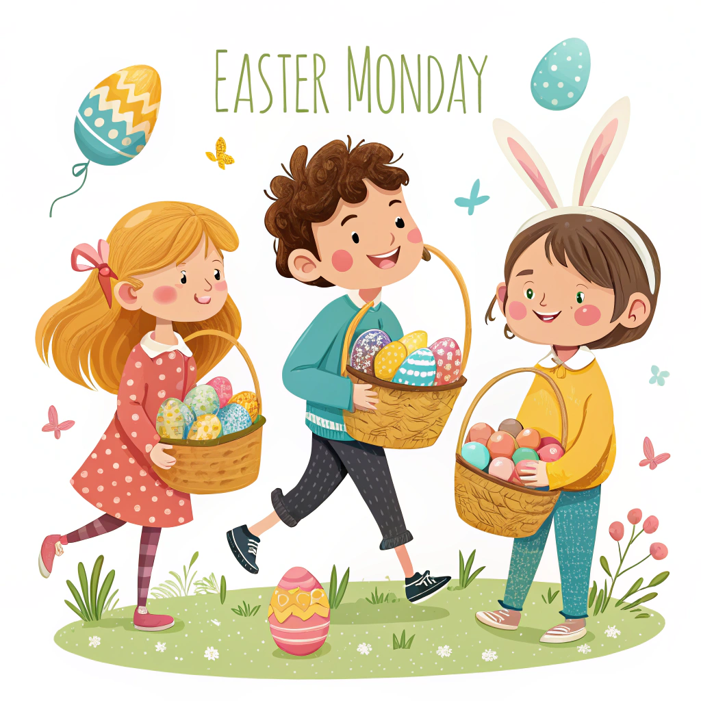 A sticker showing children participating in an Easter egg hunt on Easter Monday, with baskets full of colorful eggs.