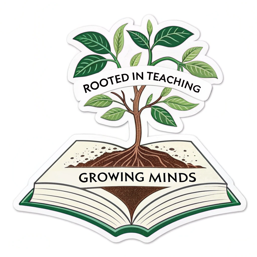 Book Bloom Growth: An open book serves as the foundational 'ground' from which a healthy, thriving plant or flower grows. This directly links 'Rooted in Teaching' (the book/knowledge) with 'Growing Minds' (the flourishing plant). The slogan can be typeset along the spine or pages.