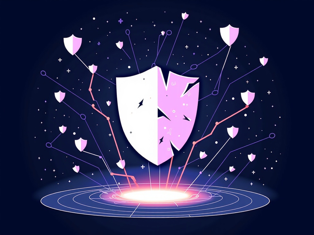 Visualize a 'data guardian' AI, represented as a luminous, abstract shield or a wise, technologically advanced figure, protecting vast streams of patient data. However, subtle cracks or vulnerabilities appear in the shield/figure, with smaller, darker AI entities attempting to exploit them, symbolizing the constant ethical battle for data privacy and security.